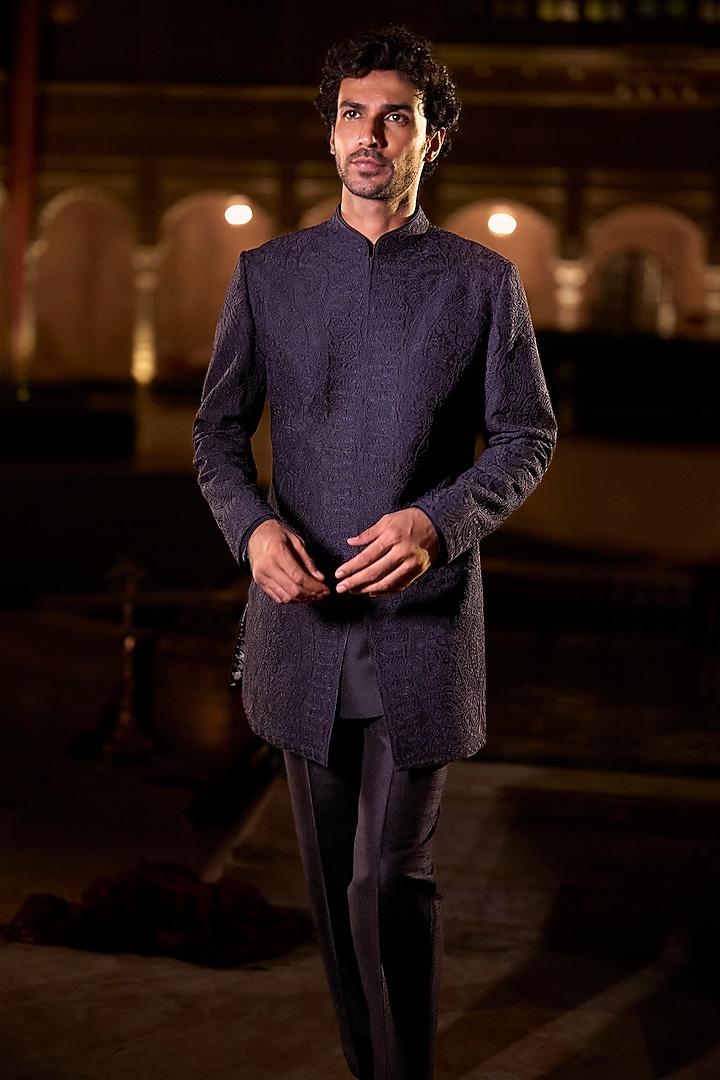 Navy Blue Raw Silk Thread Embroidered Groom Sherwani Set by Seema Gujral Men at Pernia's Pop Up Shop