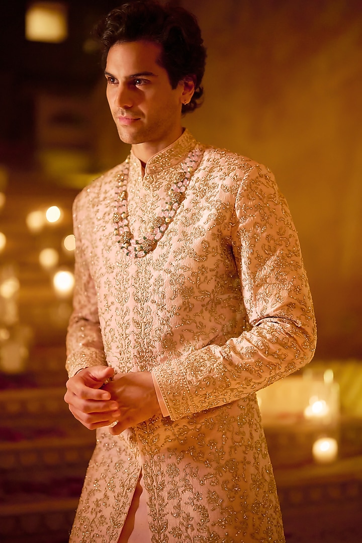 Pink Raw Silk Thread Embroidered Groom Sherwani Set by Seema Gujral Men at Pernia's Pop Up Shop