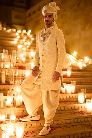 Ivory Raw Silk Thread Embroidered Sherwani Set by Seema Gujral Men