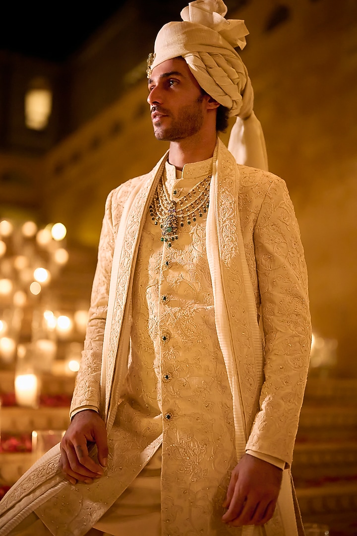 Ivory Raw Silk Thread Embroidered Groom Sherwani Set by Seema Gujral Men at Pernia's Pop Up Shop