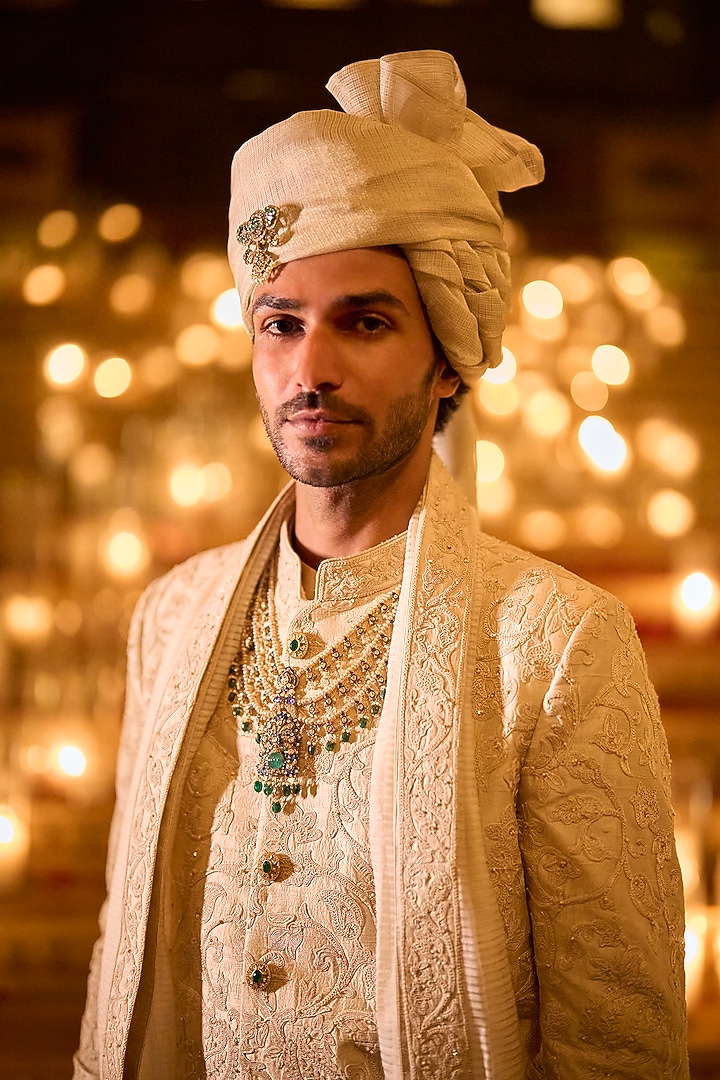 Ivory Raw Silk Thread Embroidered Groom Sherwani Set by Seema Gujral Men at Pernia's Pop Up Shop