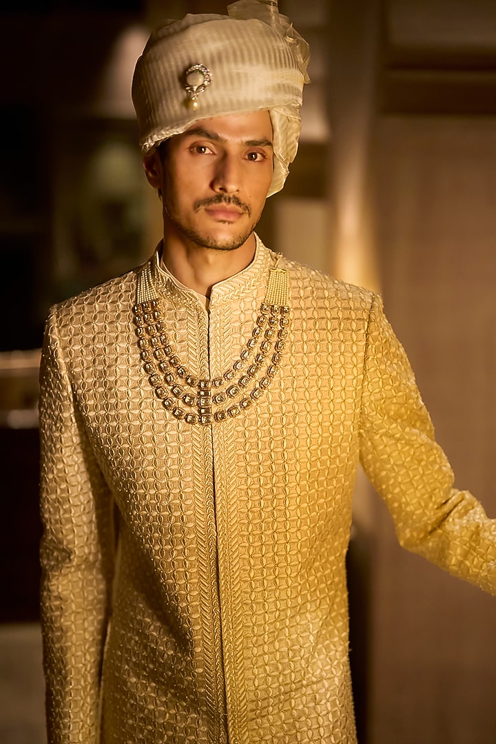 Ivory Nude Raw Silk Sequins Embroidered Groom Sherwani Set by Seema Gujral Men at Pernia's Pop Up Shop