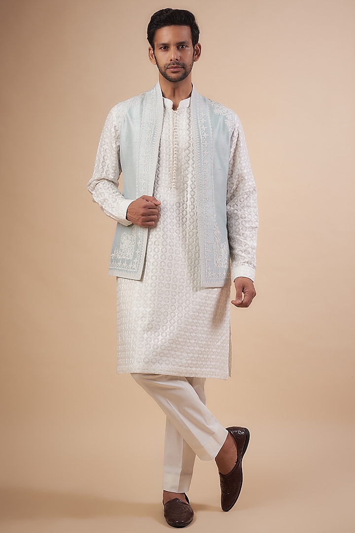 Pastel Blue Silk Embroidered Bundi Jacket Set by Seema Gujral Men