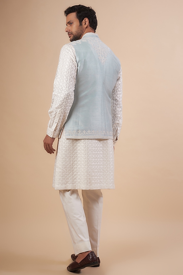 Pastel Blue Silk Embroidered Bundi Jacket Set by Seema Gujral Men at Pernia's Pop Up Shop