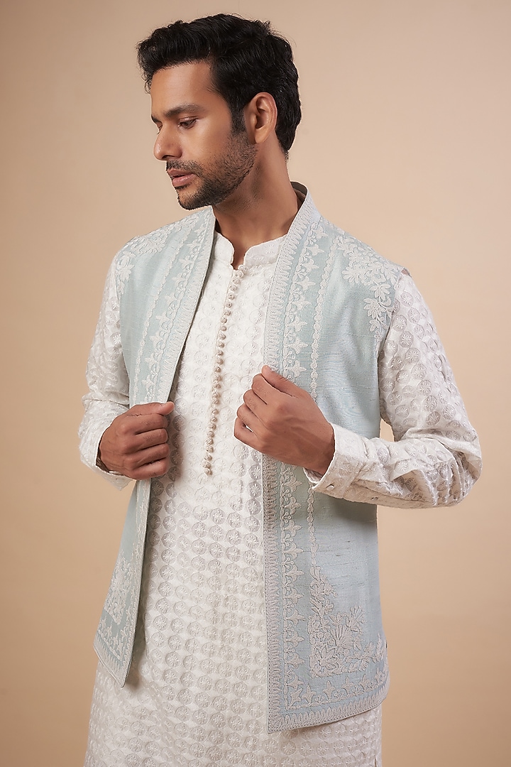 Pastel Blue Silk Embroidered Bundi Jacket Set by Seema Gujral Men at Pernia's Pop Up Shop