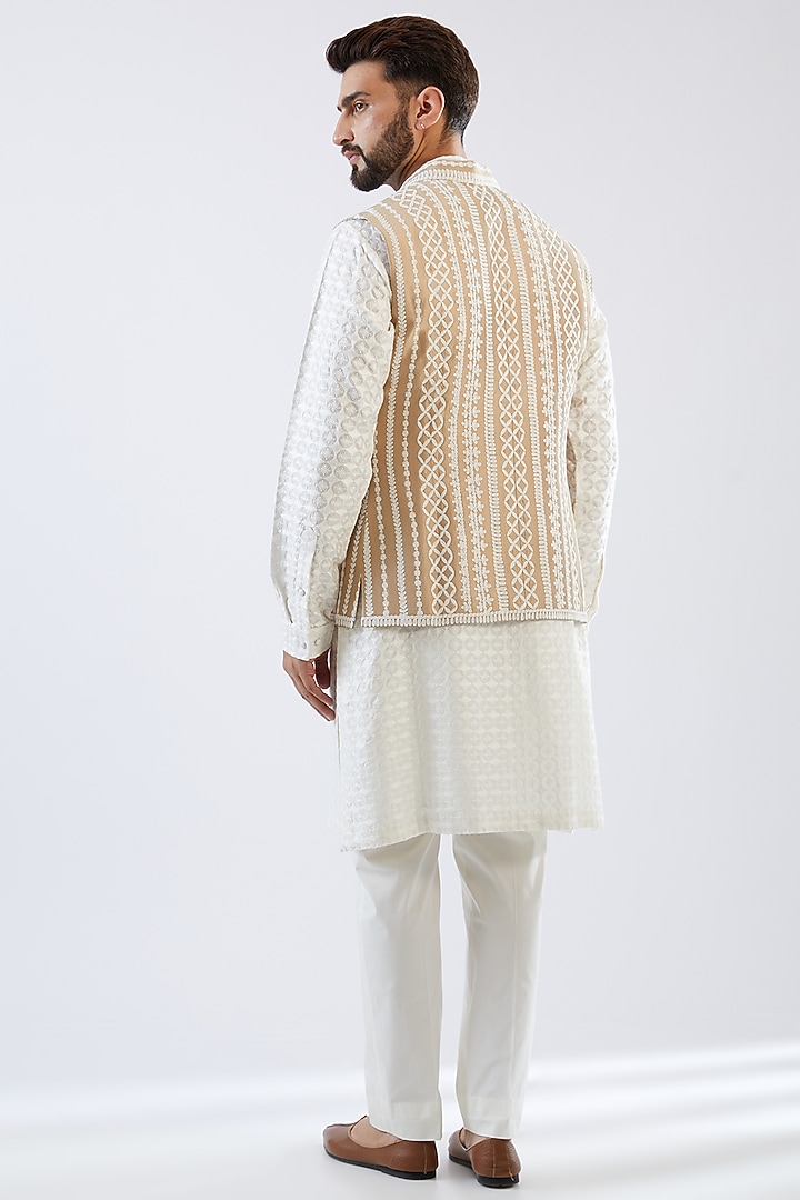 Beige Raw Silk Embroidered Wedding Indowestern Jacket Set by Seema Gujral Men at Pernia's Pop Up Shop