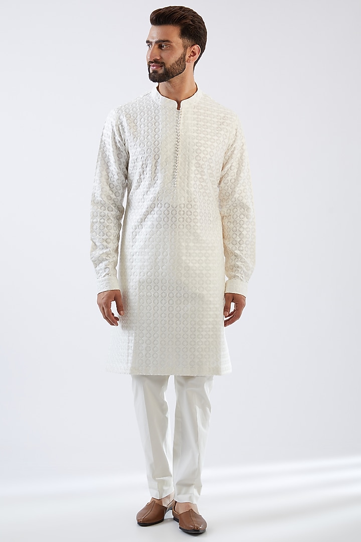 Beige Raw Silk Embroidered Wedding Indowestern Jacket Set by Seema Gujral Men at Pernia's Pop Up Shop