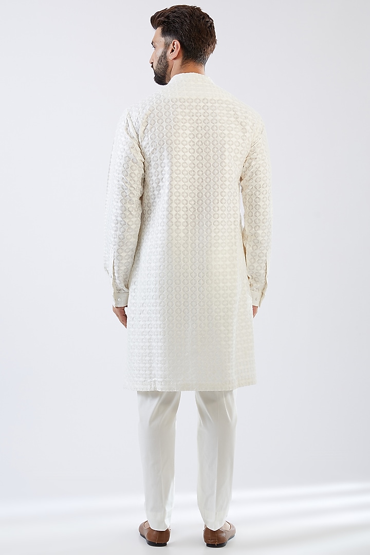 Beige Raw Silk Embroidered Wedding Indowestern Jacket Set by Seema Gujral Men at Pernia's Pop Up Shop