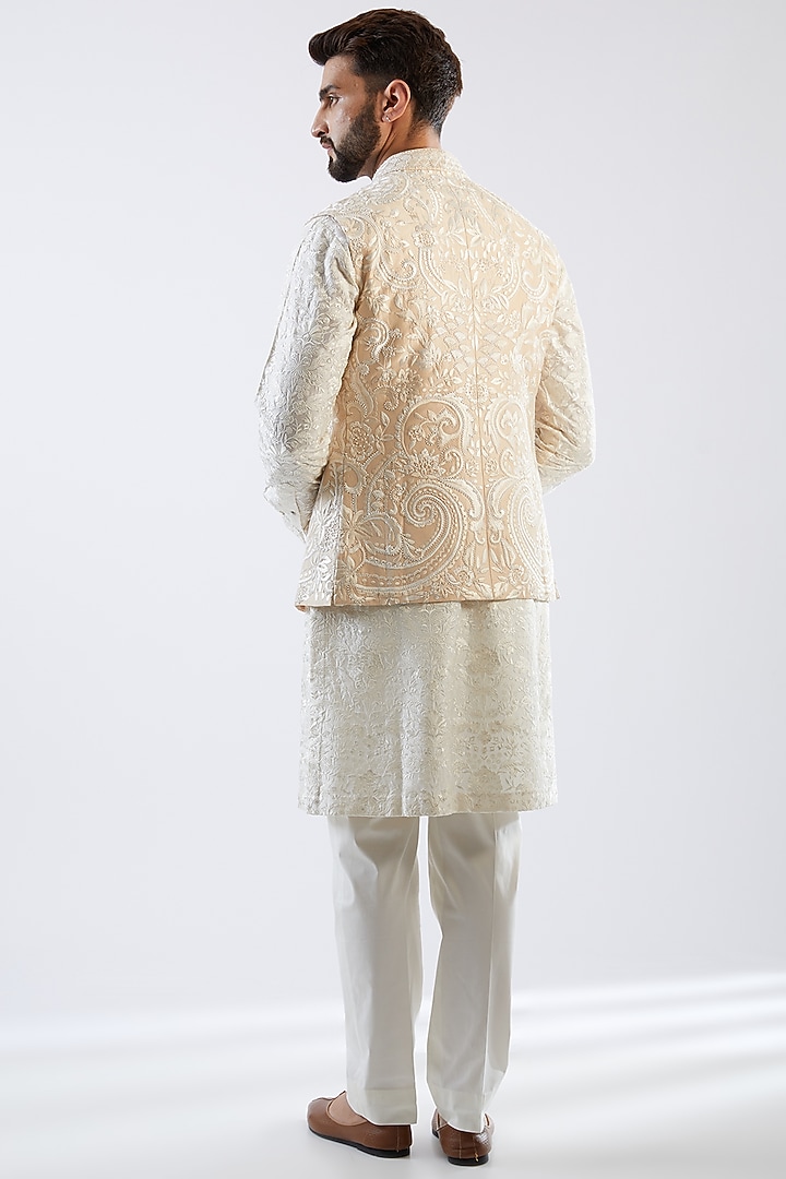 Beige Raw Silk Embroidered Bundi Set by Seema Gujral Men at Pernia's Pop Up Shop