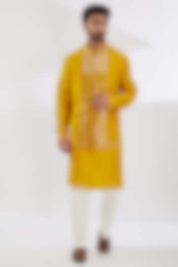 Yellow Raw Silk Embroidered Nehru Jacket Set by Seema Gujral Men