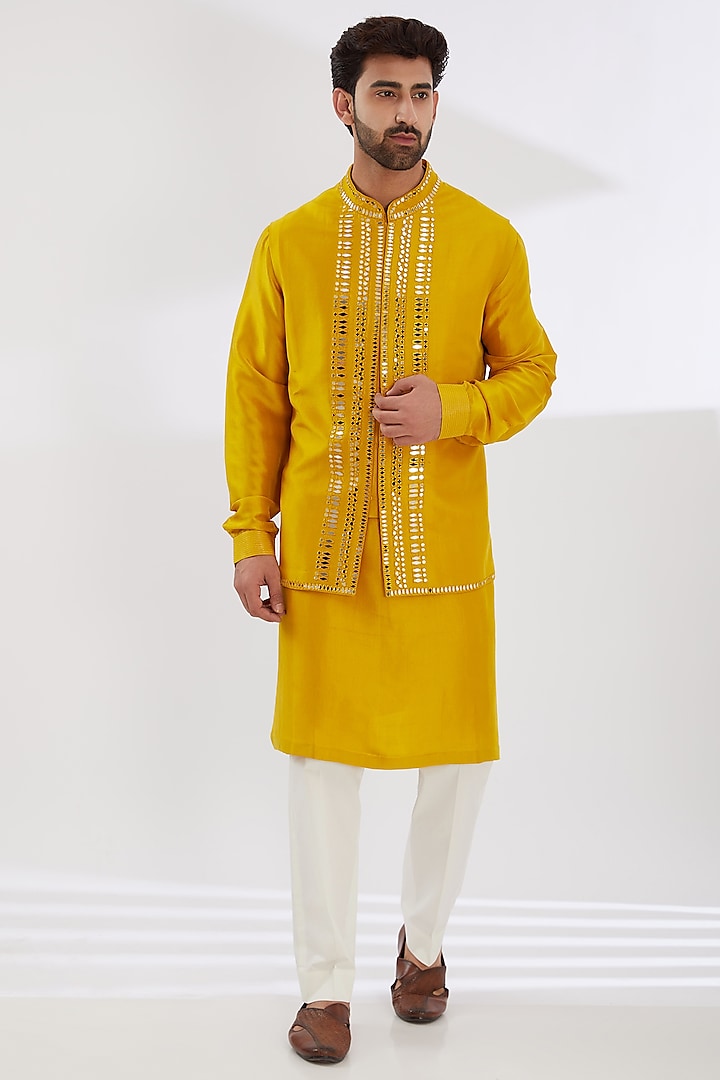 Yellow Raw Silk Embroidered Nehru Jacket Set by Seema Gujral Men