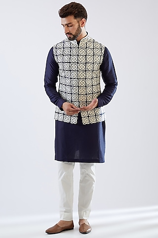 Metallic Blue Raw Silk Gota Embroidered Bundi Jacket Set  by Seema Gujral Men