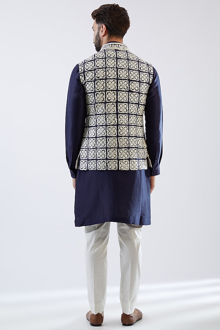 Metallic Blue Raw Silk Gota Embroidered Bundi Jacket Set  by Seema Gujral Men at Pernia's Pop Up Shop