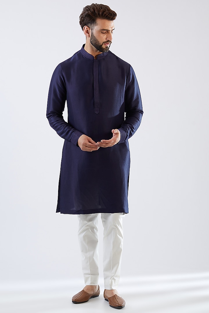 Metallic Blue Raw Silk Gota Embroidered Bundi Jacket Set  by Seema Gujral Men at Pernia's Pop Up Shop