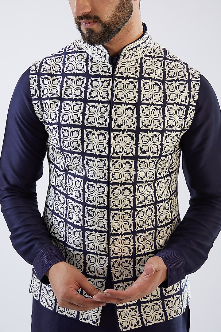 Metallic Blue Raw Silk Gota Embroidered Bundi Jacket Set  by Seema Gujral Men at Pernia's Pop Up Shop