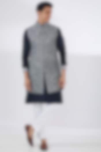Navy Blue Silk Thread Embroidered Nehru Jacket Set by Seema Gujral Men