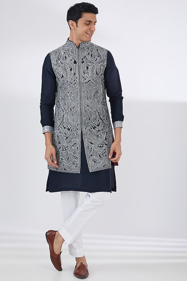 Navy Blue Silk Thread Embroidered Nehru Jacket Set by Seema Gujral Men