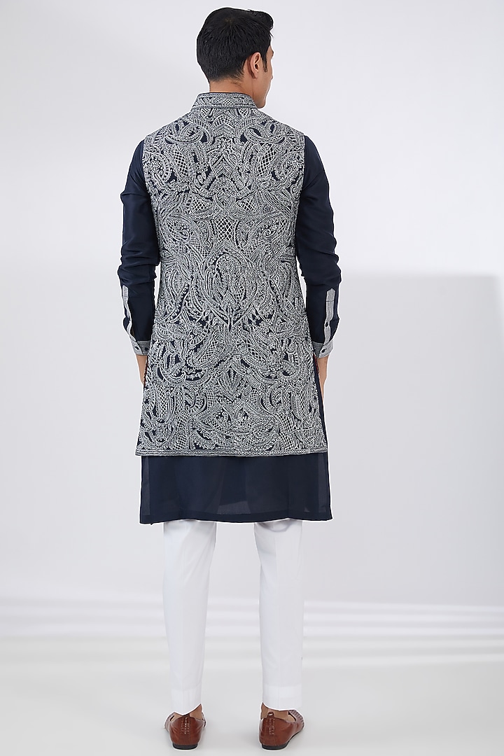 Navy Blue Silk Thread Embroidered Nehru Jacket Set by Seema Gujral Men at Pernia's Pop Up Shop