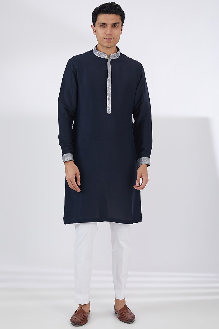 Navy Blue Silk Thread Embroidered Nehru Jacket Set by Seema Gujral Men at Pernia's Pop Up Shop