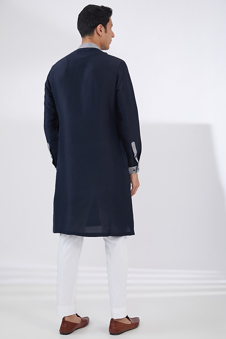 Navy Blue Silk Thread Embroidered Nehru Jacket Set by Seema Gujral Men at Pernia's Pop Up Shop