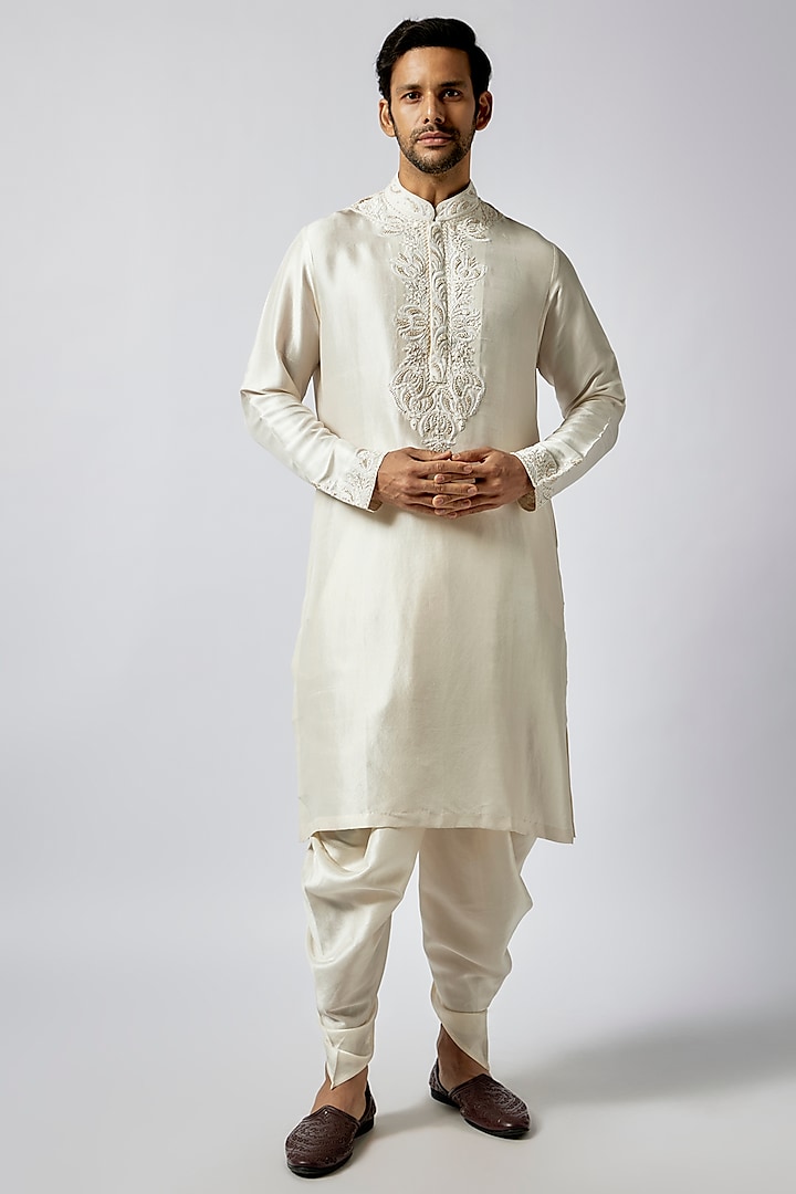 Cream Silk Blend Draped Salwar Pants by Seema Gujral Men