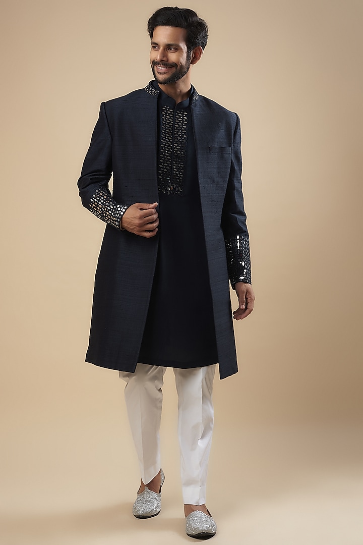 Navy Blue Silk Mirror Embroidered Indowestern Set by Seema Gujral Men