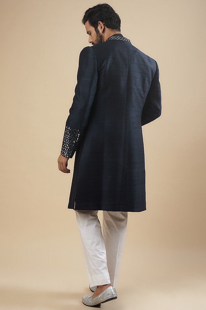 Navy Blue Silk Mirror Embroidered Groom Indowestern Set by Seema Gujral Men at Pernia's Pop Up Shop