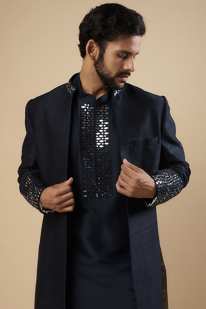 Navy Blue Silk Mirror Embroidered Groom Indowestern Set by Seema Gujral Men at Pernia's Pop Up Shop