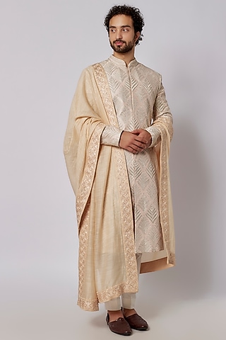 Peach Chanderi Staple Hand Embroidered Dupatta by Seema Gujral Men