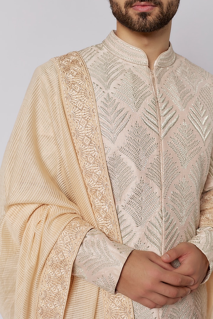 Peach Chanderi Staple Hand Embroidered Dupatta by Seema Gujral Men at Pernia's Pop Up Shop