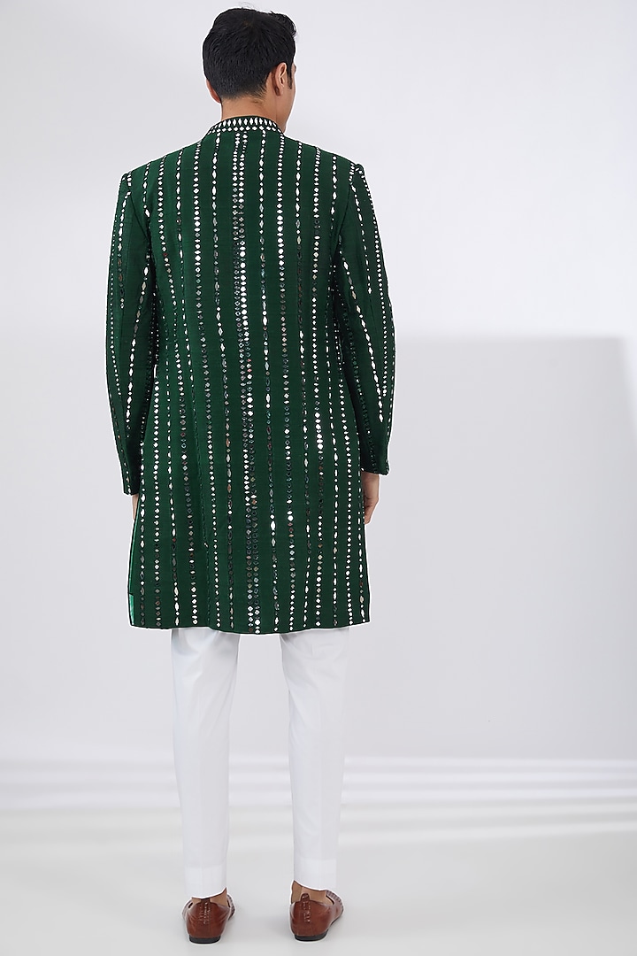 Dark Green Raw Silk Embroidered Groom Indowestern Set by Seema Gujral Men at Pernia's Pop Up Shop