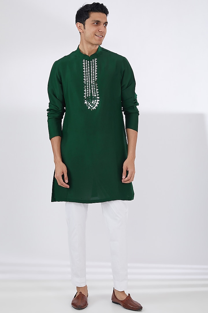Dark Green Raw Silk Embroidered Groom Indowestern Set by Seema Gujral Men at Pernia's Pop Up Shop