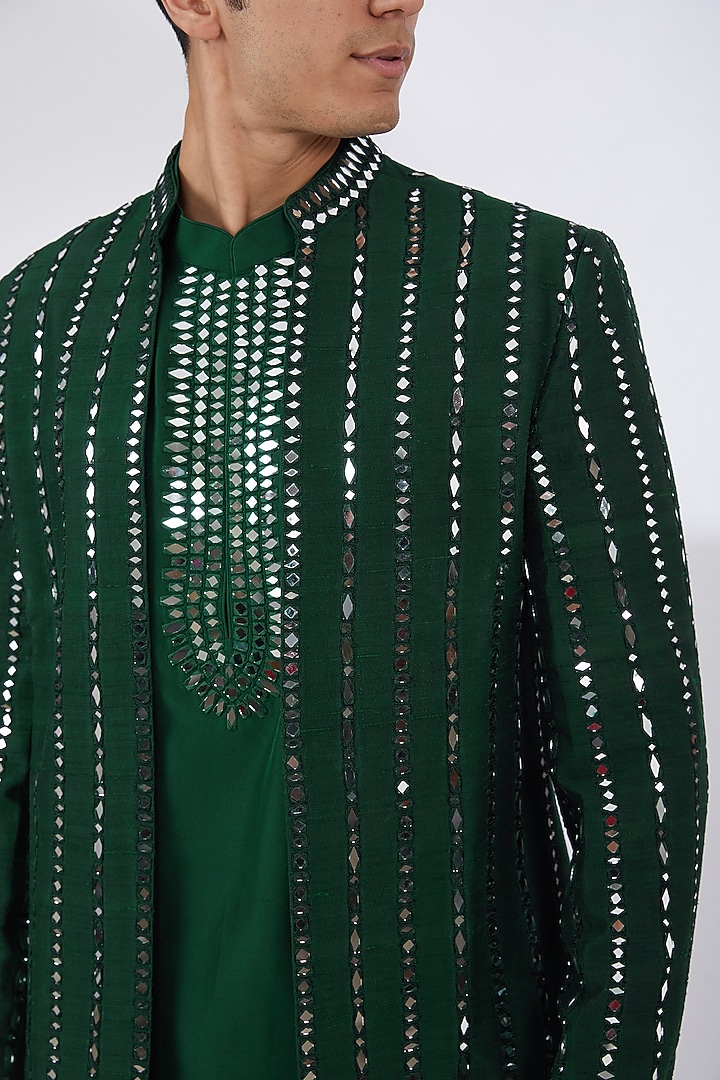 Dark Green Raw Silk Embroidered Groom Indowestern Set by Seema Gujral Men at Pernia's Pop Up Shop