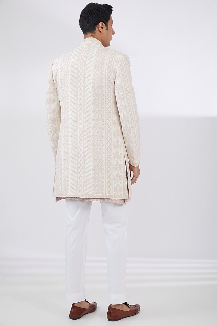 Ivory Raw Silk Embroidered Groom Indowestern Set by Seema Gujral Men at Pernia's Pop Up Shop