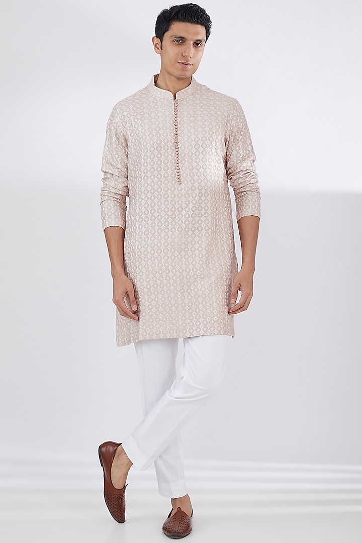 Ivory Raw Silk Embroidered Groom Indowestern Set by Seema Gujral Men at Pernia's Pop Up Shop
