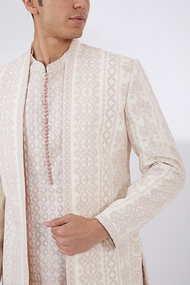 Ivory Raw Silk Embroidered Groom Indowestern Set by Seema Gujral Men at Pernia's Pop Up Shop