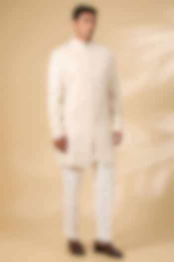 Cream Raw Silk & Cotton Silk Sherwani Set by Seema Gujral Men