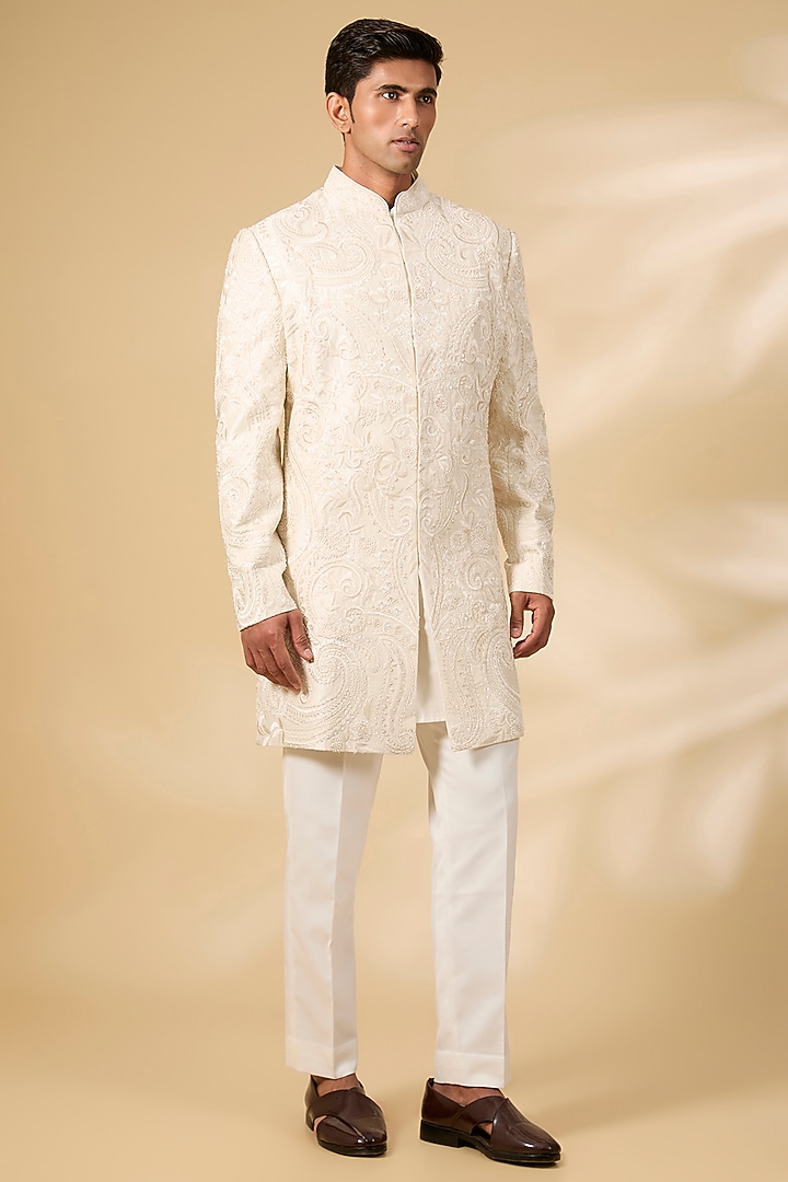 Cream Raw Silk & Cotton Silk Sherwani Set by Seema Gujral Men
