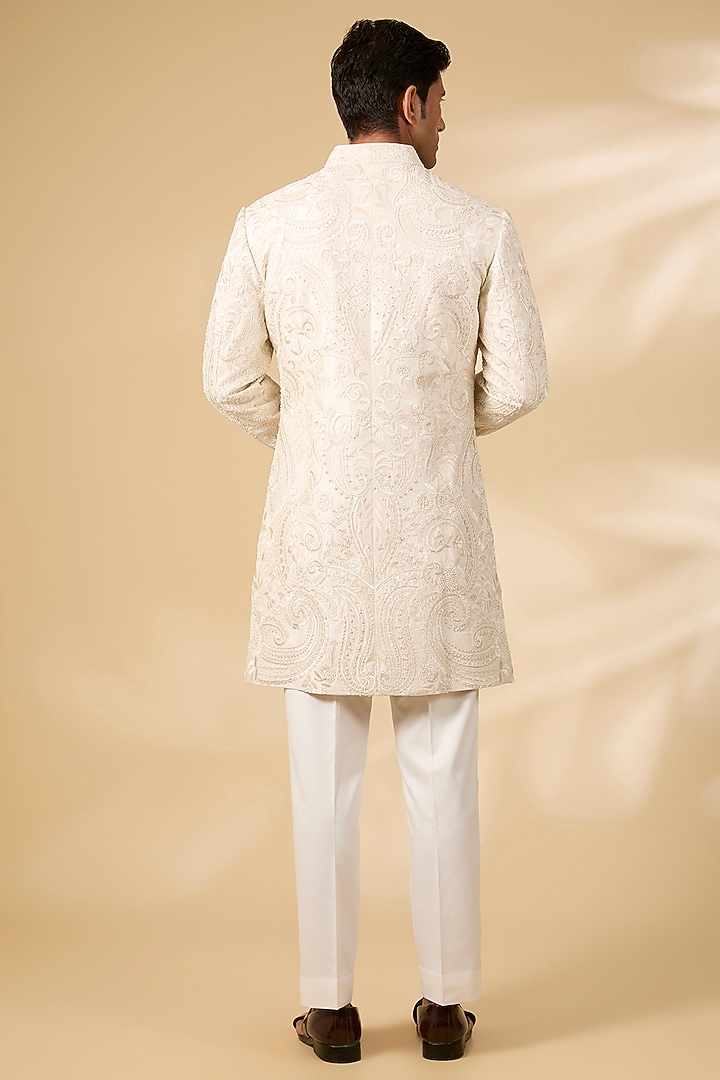 Cream Raw Silk & Cotton Silk Sherwani Set by Seema Gujral Men at Pernia's Pop Up Shop