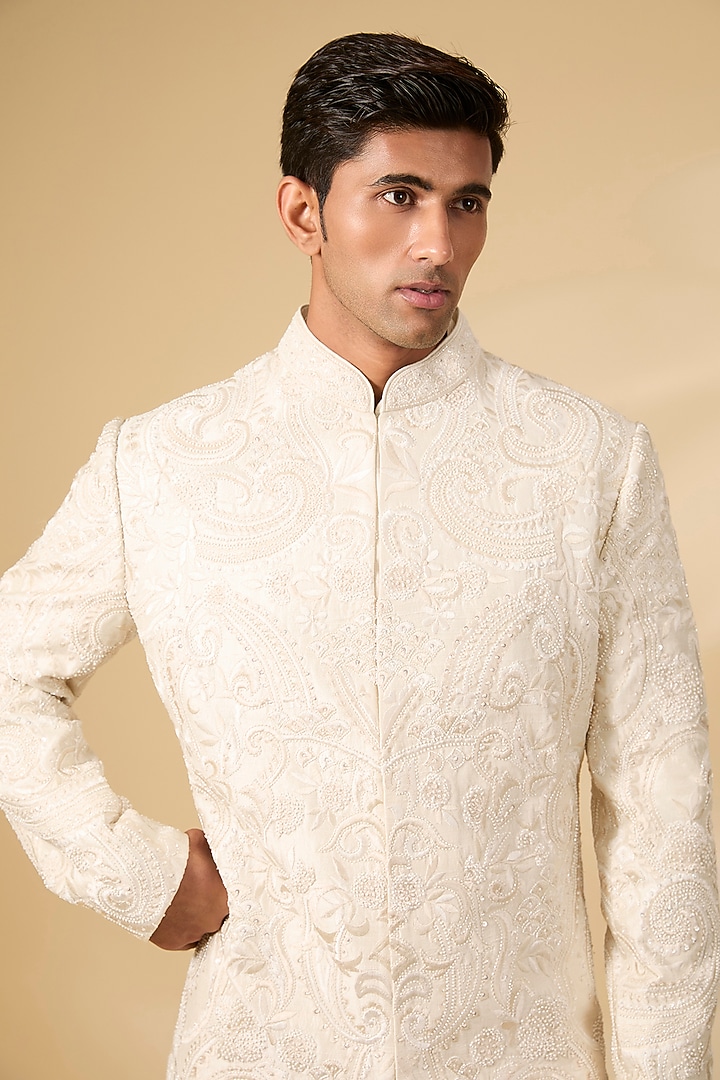 Cream Raw Silk & Cotton Silk Sherwani Set by Seema Gujral Men at Pernia's Pop Up Shop