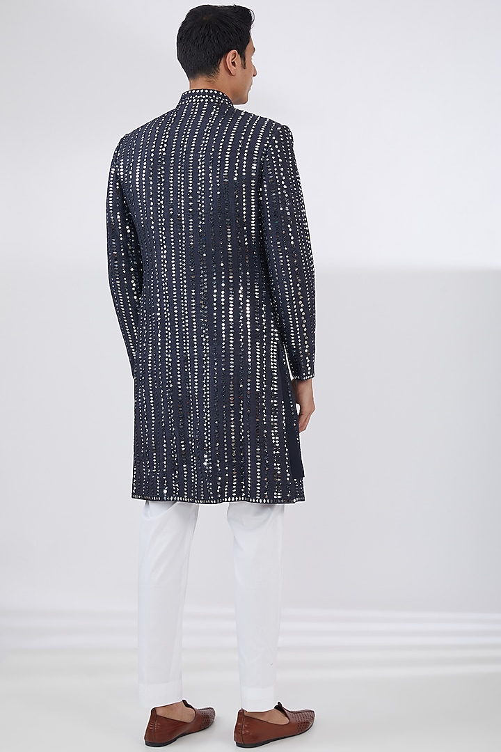 Navy Blue Raw Silk Embroidered Groom Indowestern Set by Seema Gujral Men at Pernia's Pop Up Shop