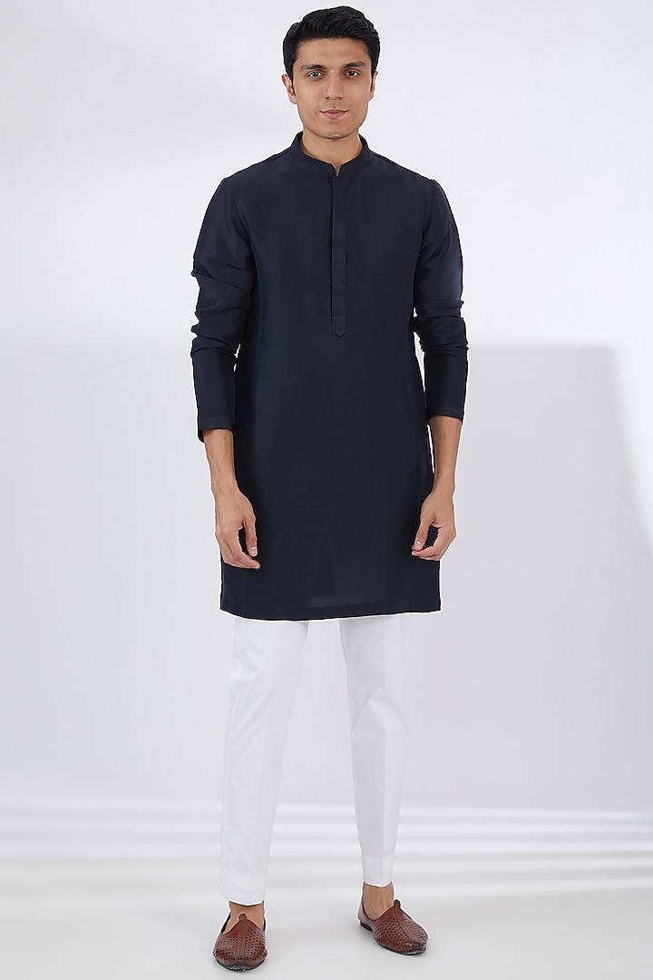 Navy Blue Raw Silk Embroidered Groom Indowestern Set by Seema Gujral Men at Pernia's Pop Up Shop