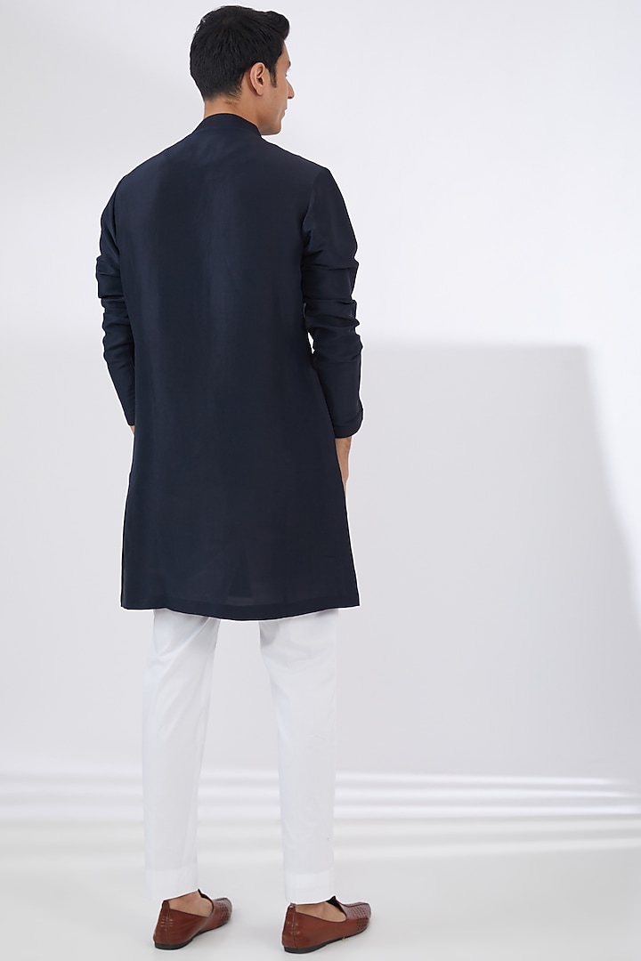 Navy Blue Raw Silk Embroidered Groom Indowestern Set by Seema Gujral Men at Pernia's Pop Up Shop