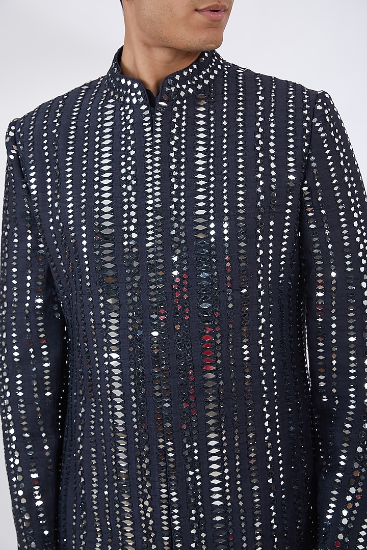 Navy Blue Raw Silk Embroidered Groom Indowestern Set by Seema Gujral Men at Pernia's Pop Up Shop