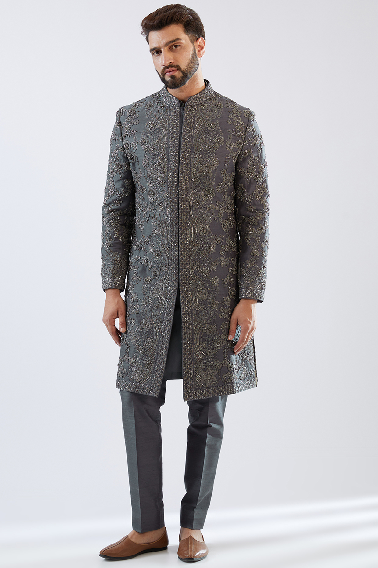 Grey Raw Silk Sequins Embroidered Sherwani Set  by Seema Gujral Men