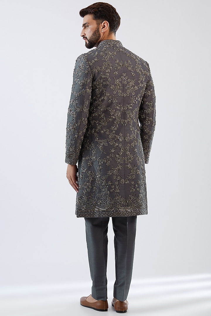 Grey Raw Silk Sequins Embroidered Groom Sherwani Set by Seema Gujral Men at Pernia's Pop Up Shop