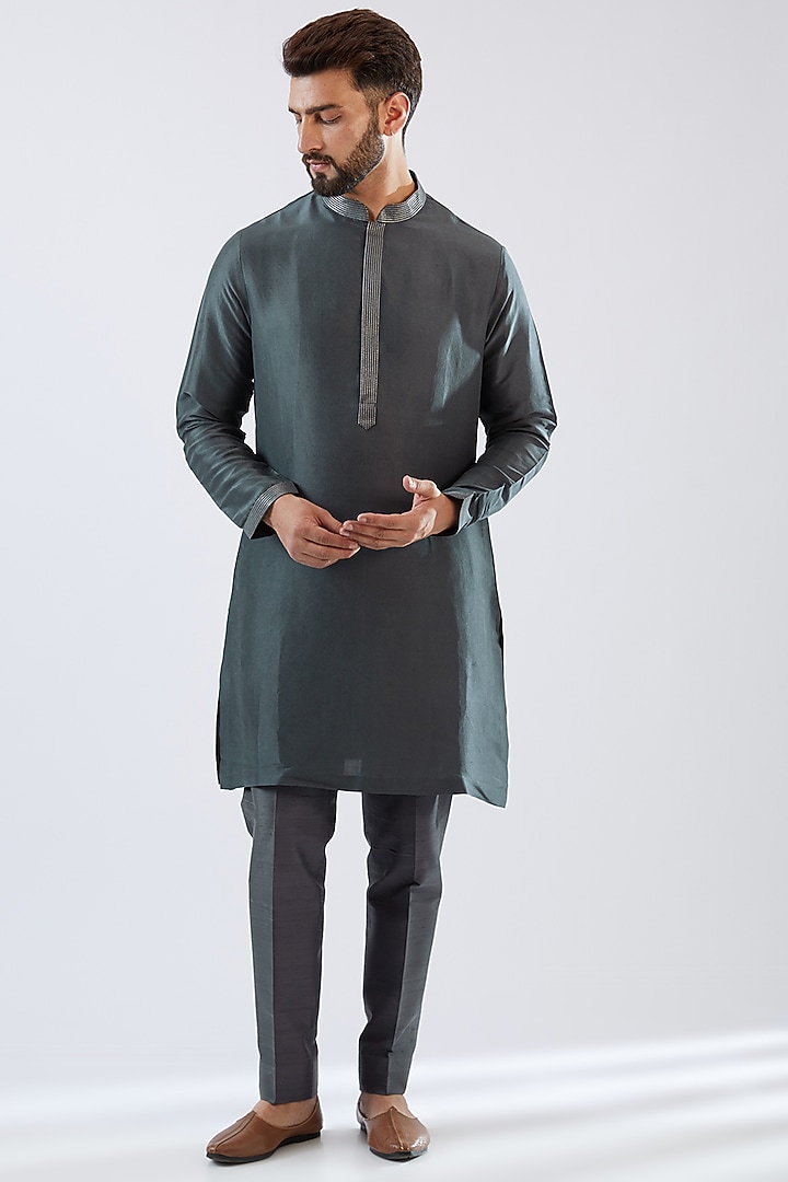 Grey Raw Silk Sequins Embroidered Groom Sherwani Set by Seema Gujral Men at Pernia's Pop Up Shop