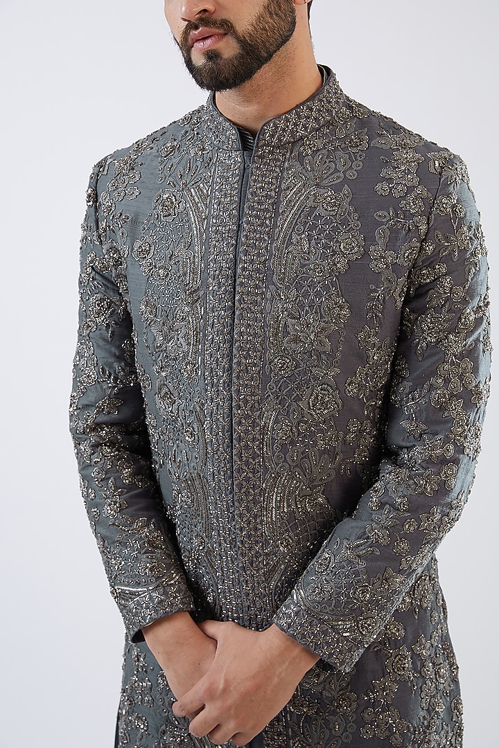 Grey Raw Silk Sequins Embroidered Groom Sherwani Set by Seema Gujral Men at Pernia's Pop Up Shop
