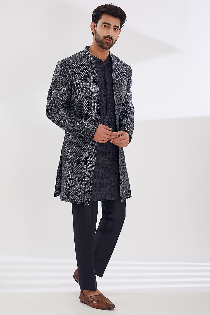 Grey Raw Silk Embroidered Groom Indowestern Set by Seema Gujral Men at Pernia's Pop Up Shop