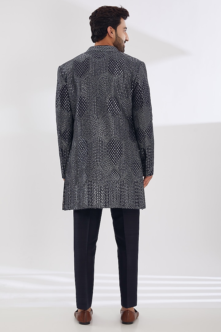Grey Raw Silk Embroidered Groom Indowestern Set by Seema Gujral Men at Pernia's Pop Up Shop